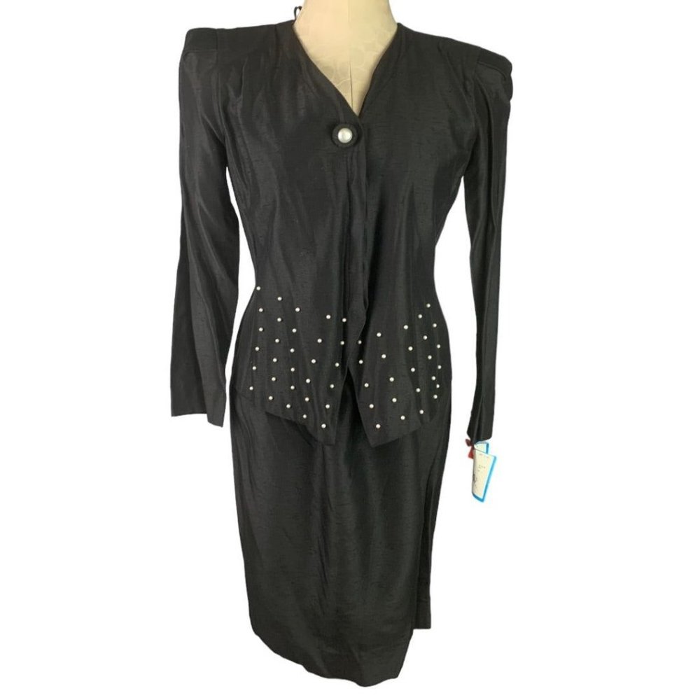8P Leslie Fay Petites Black 2 Piece Skirt Suit Pearls Vintage 80s